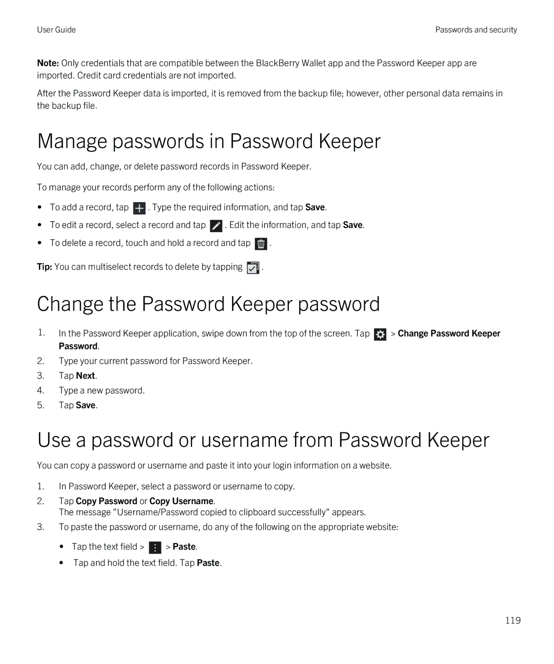 Blackberry Q5 Manage passwords in Password Keeper, Change the Password Keeper password, Tap Copy Password or Copy Username 