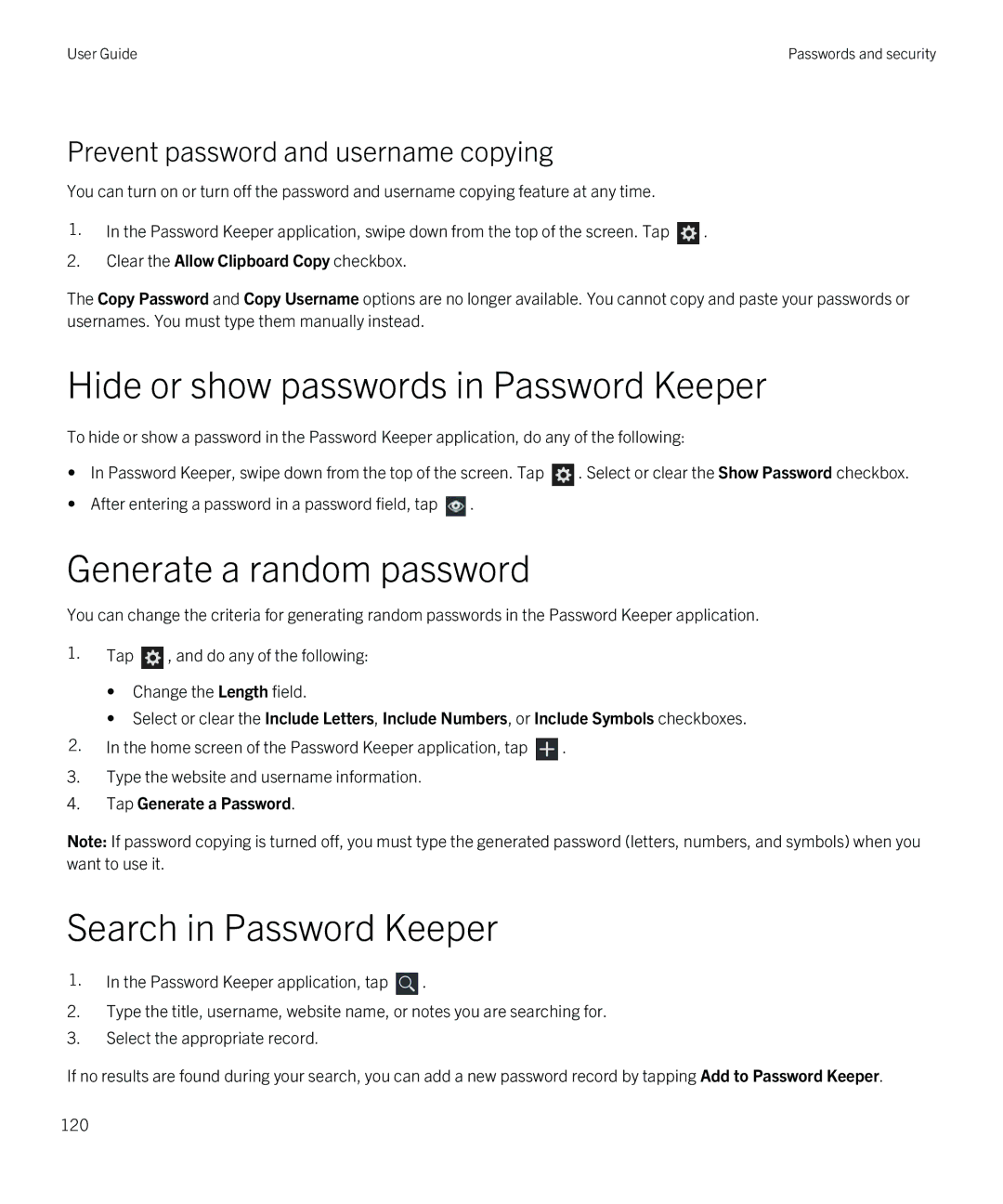 Blackberry Q5 manual Hide or show passwords in Password Keeper, Generate a random password, Search in Password Keeper 