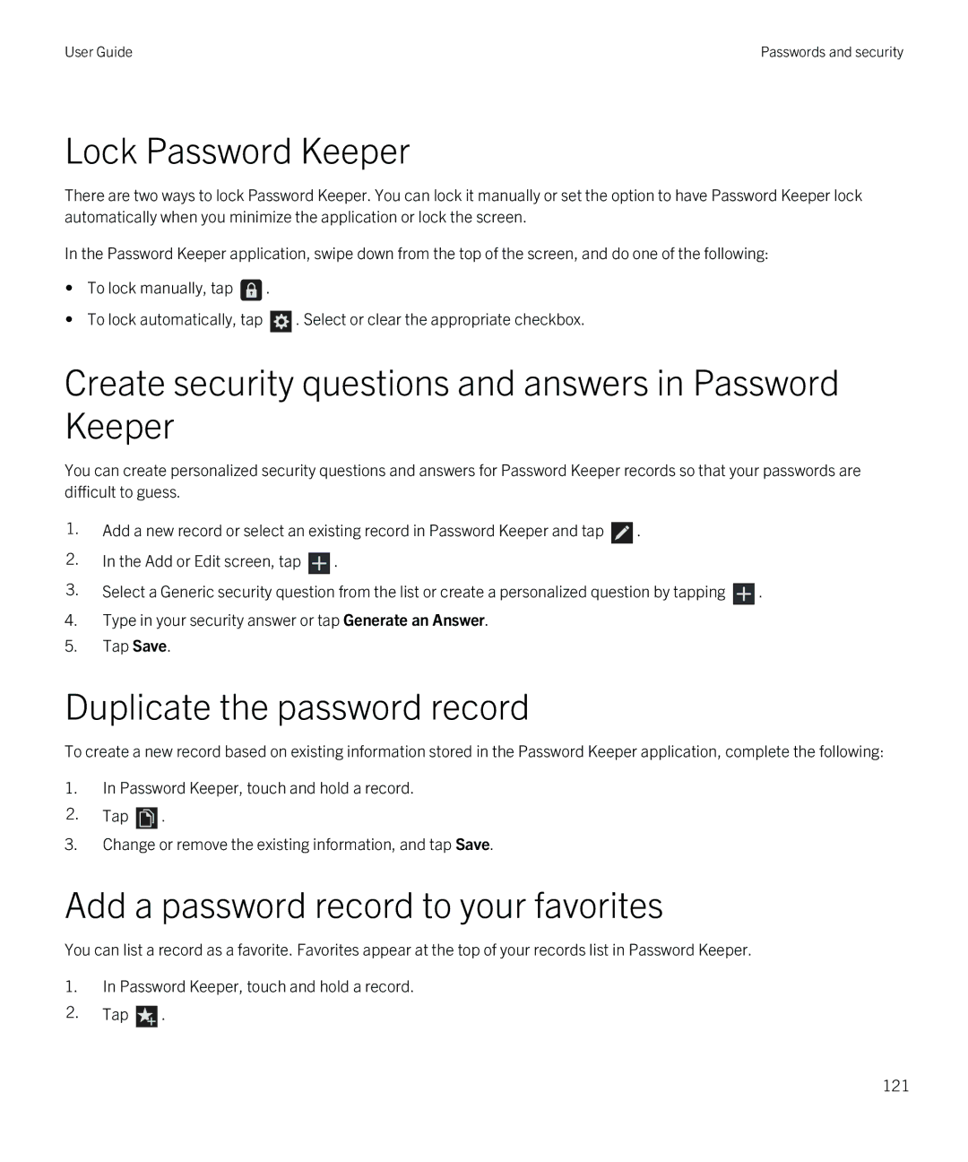 Blackberry Q5 manual Lock Password Keeper, Create security questions and answers in Password Keeper 