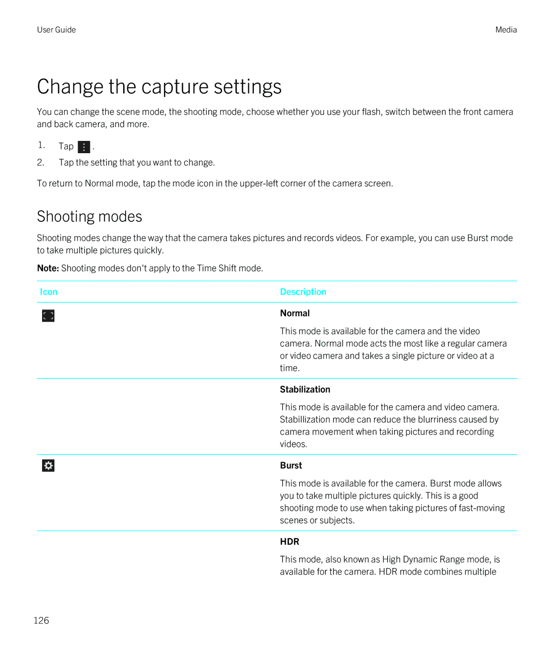 Blackberry Q5 manual Change the capture settings, Shooting modes, Normal, Stabilization, Burst 