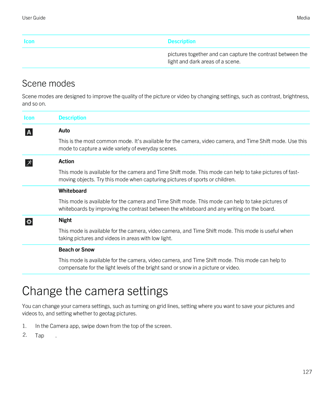 Blackberry Q5 manual Change the camera settings, Scene modes 