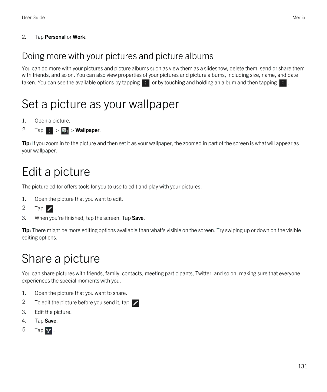 Blackberry Q5 Edit a picture, Share a picture, Doing more with your pictures and picture albums, Tap Personal or Work 