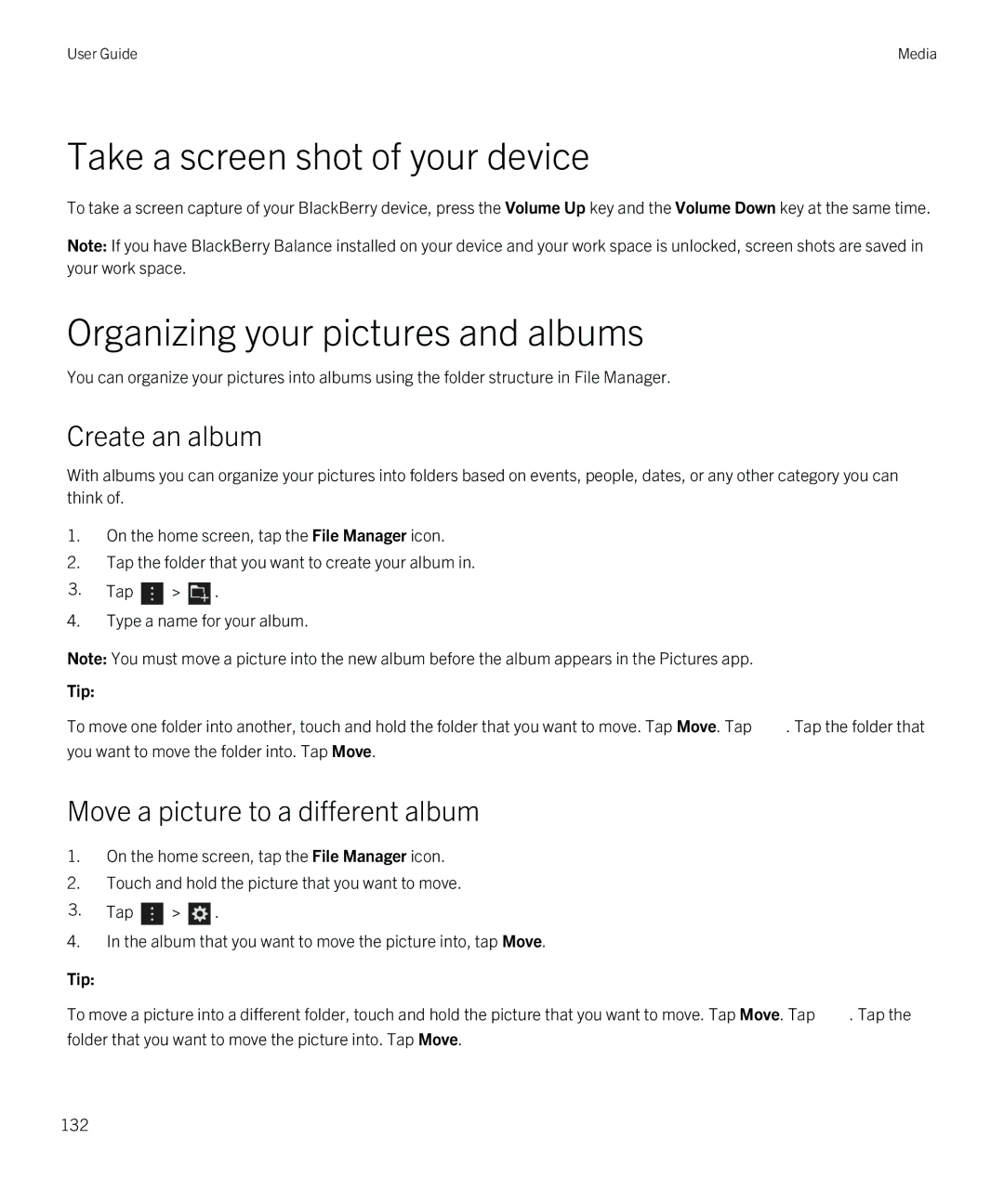 Blackberry Q5 manual Organizing your pictures and albums, Create an album, Move a picture to a different album 