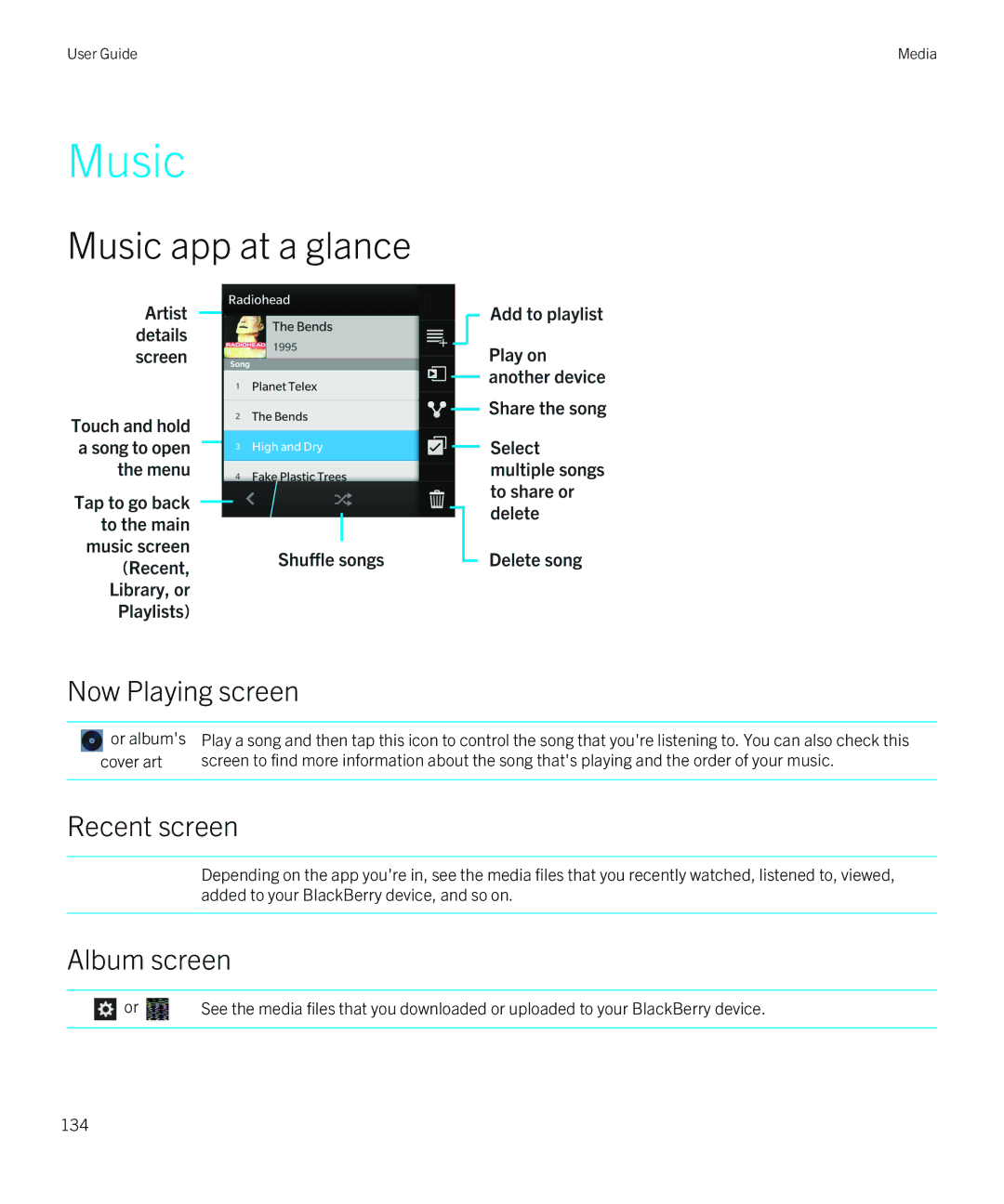 Blackberry Q5 manual Music app at a glance, Now Playing screen, Album screen 