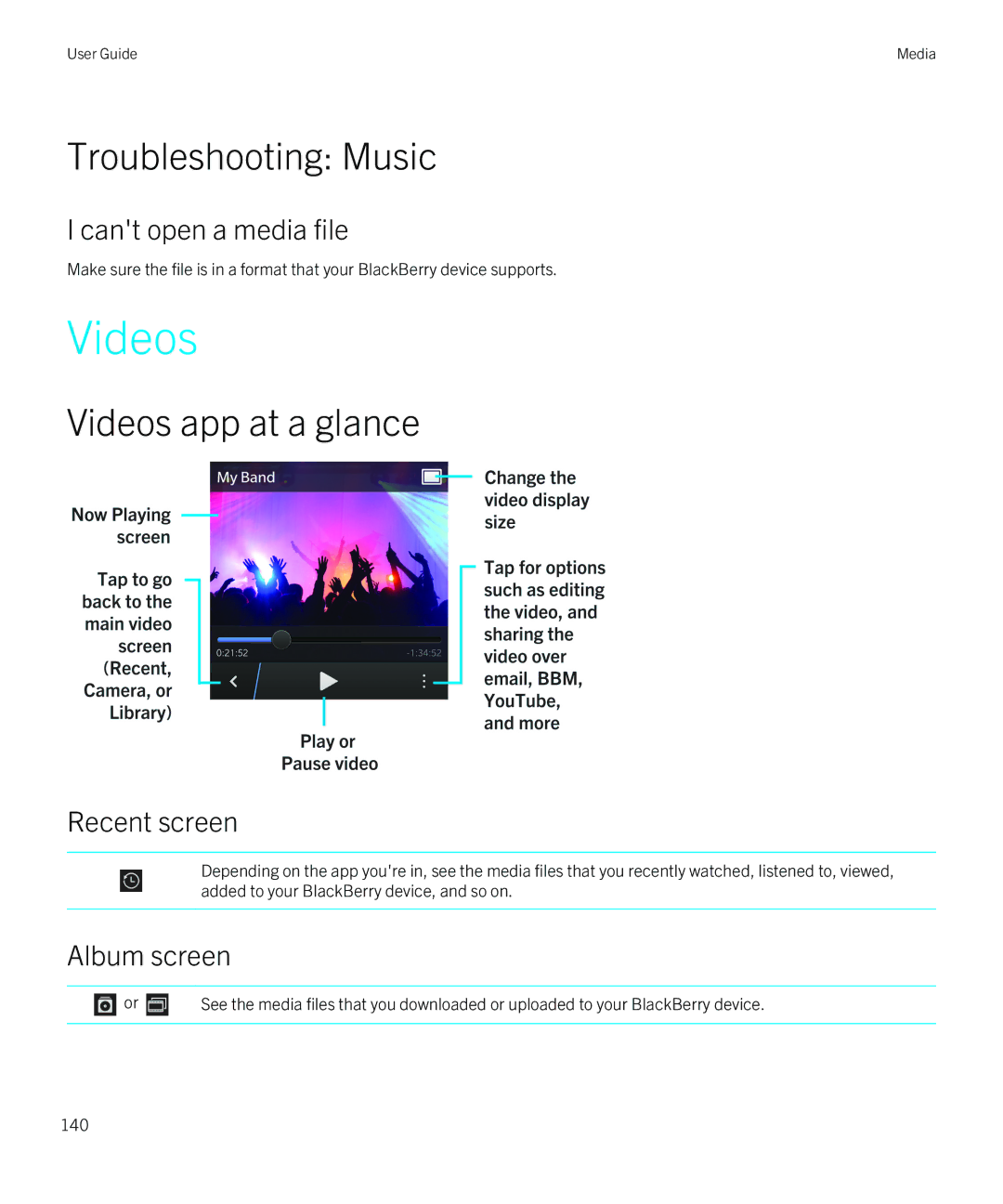 Blackberry Q5 manual Troubleshooting Music, Videos app at a glance 