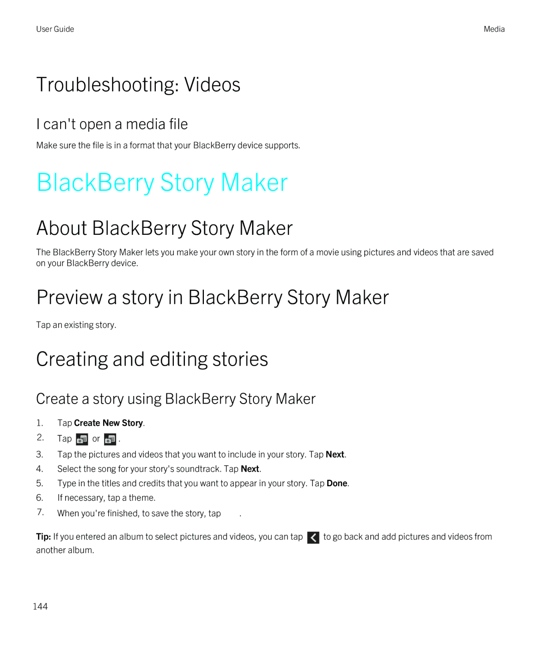 Blackberry Q5 manual Troubleshooting Videos, About BlackBerry Story Maker, Preview a story in BlackBerry Story Maker 