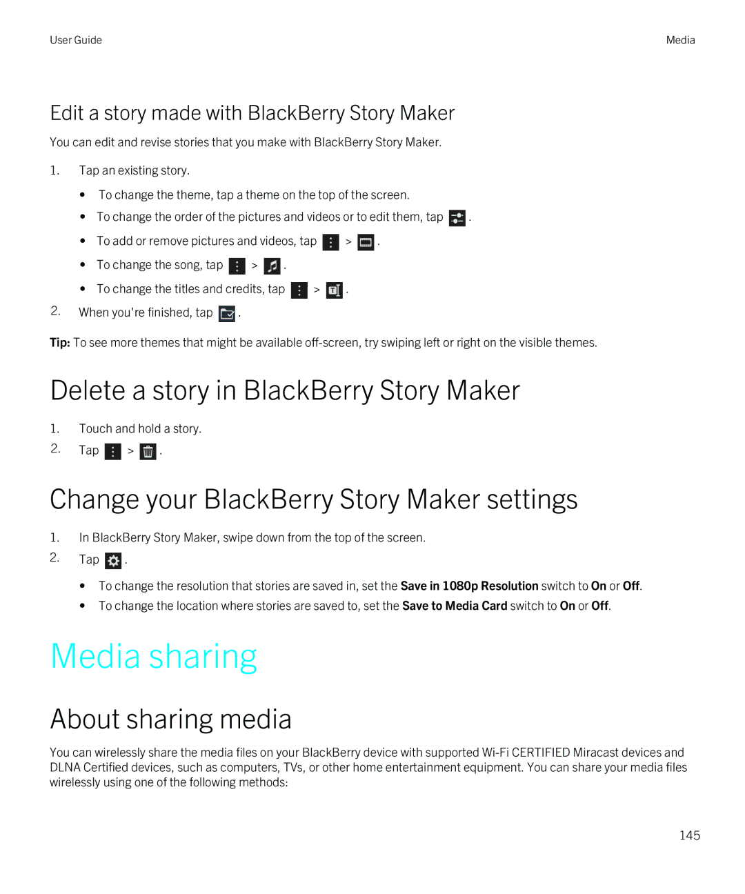 Blackberry Q5 manual Media sharing, Delete a story in BlackBerry Story Maker, Change your BlackBerry Story Maker settings 