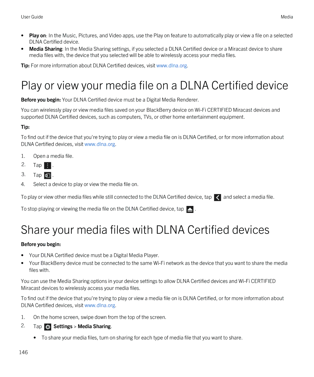 Blackberry Q5 Play or view your media file on a Dlna Certified device, Share your media files with Dlna Certified devices 