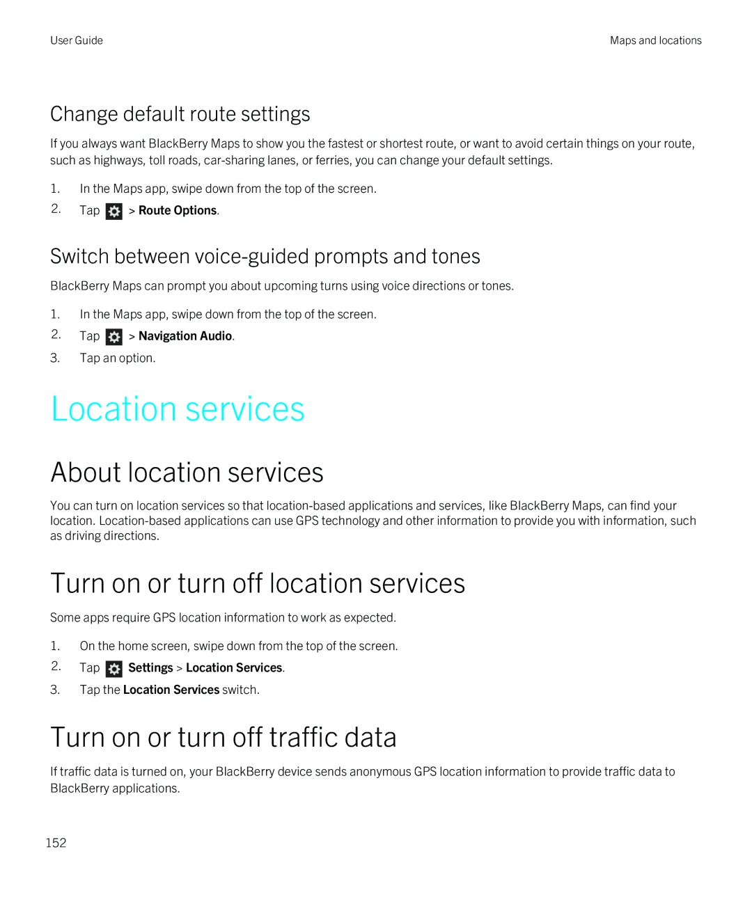 Blackberry Q5 manual Location services, About location services, Turn on or turn off location services 