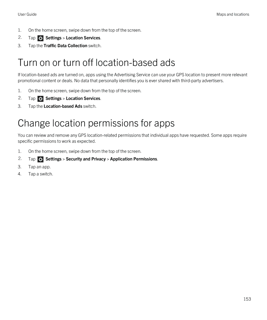 Blackberry Q5 manual Turn on or turn off location-based ads, Change location permissions for apps 