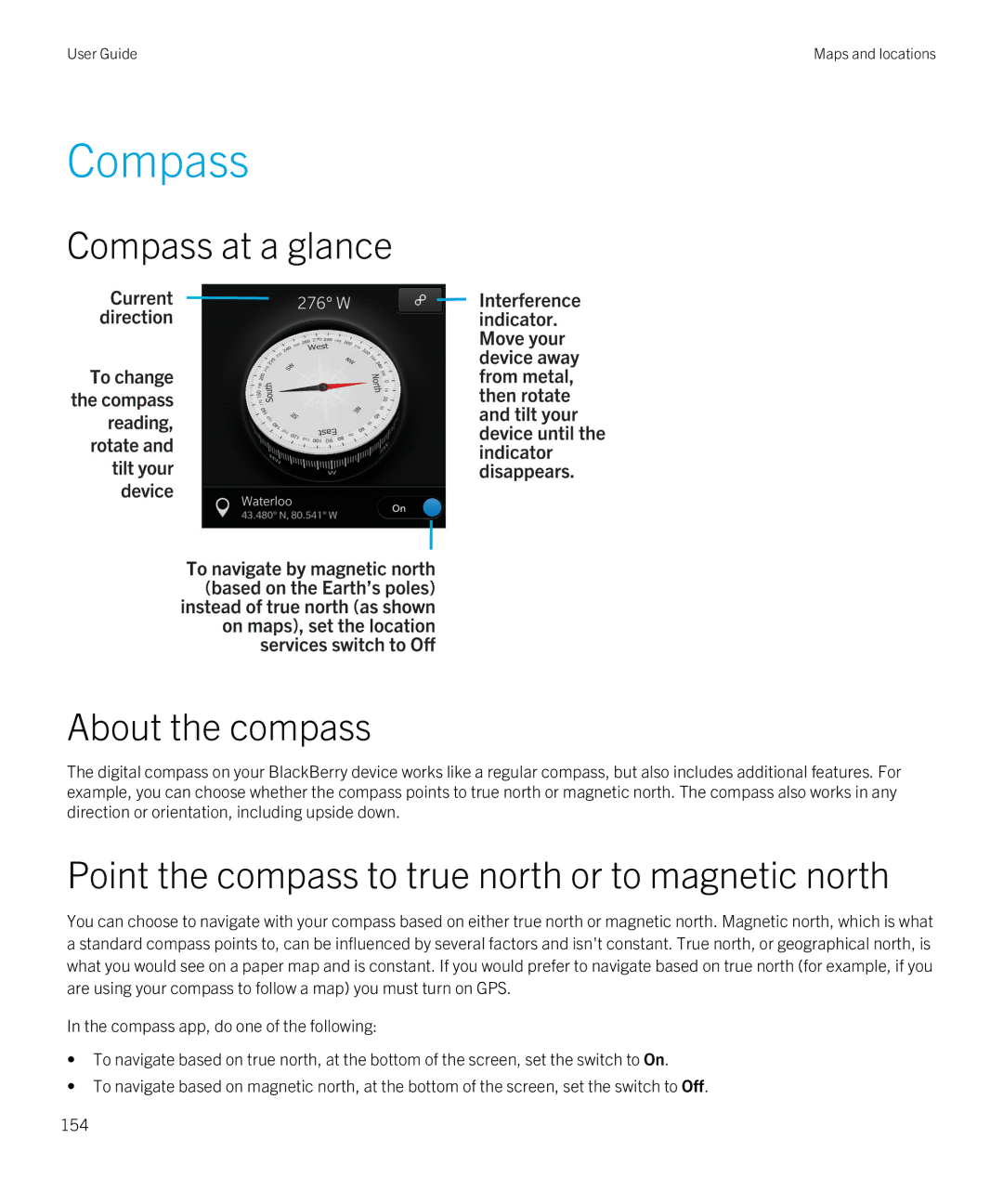 Blackberry Q5 manual Compass at a glance About the compass, Point the compass to true north or to magnetic north 