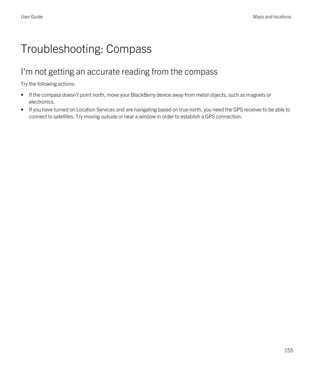 Blackberry Q5 manual Troubleshooting Compass, Im not getting an accurate reading from the compass 