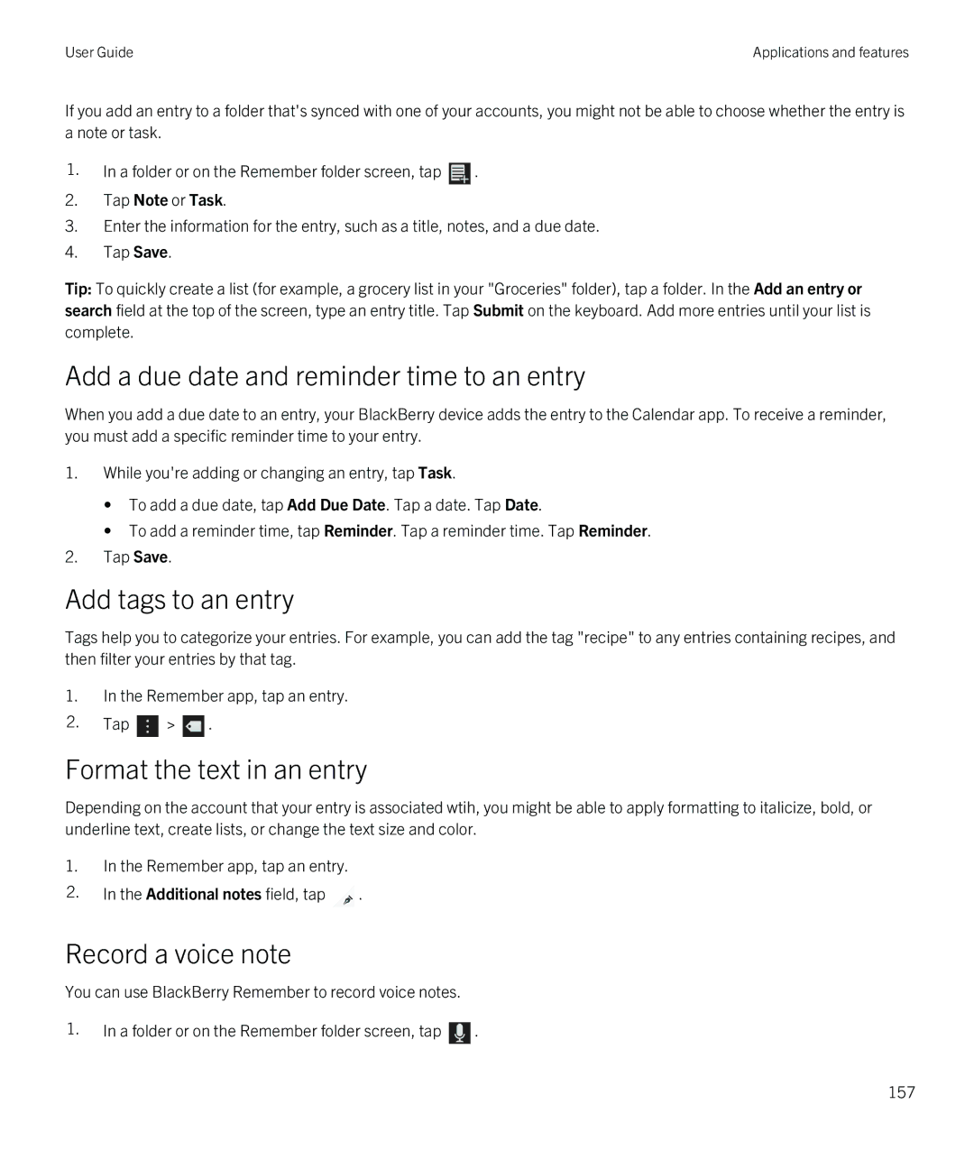 Blackberry Q5 manual Add a due date and reminder time to an entry, Add tags to an entry, Format the text in an entry 