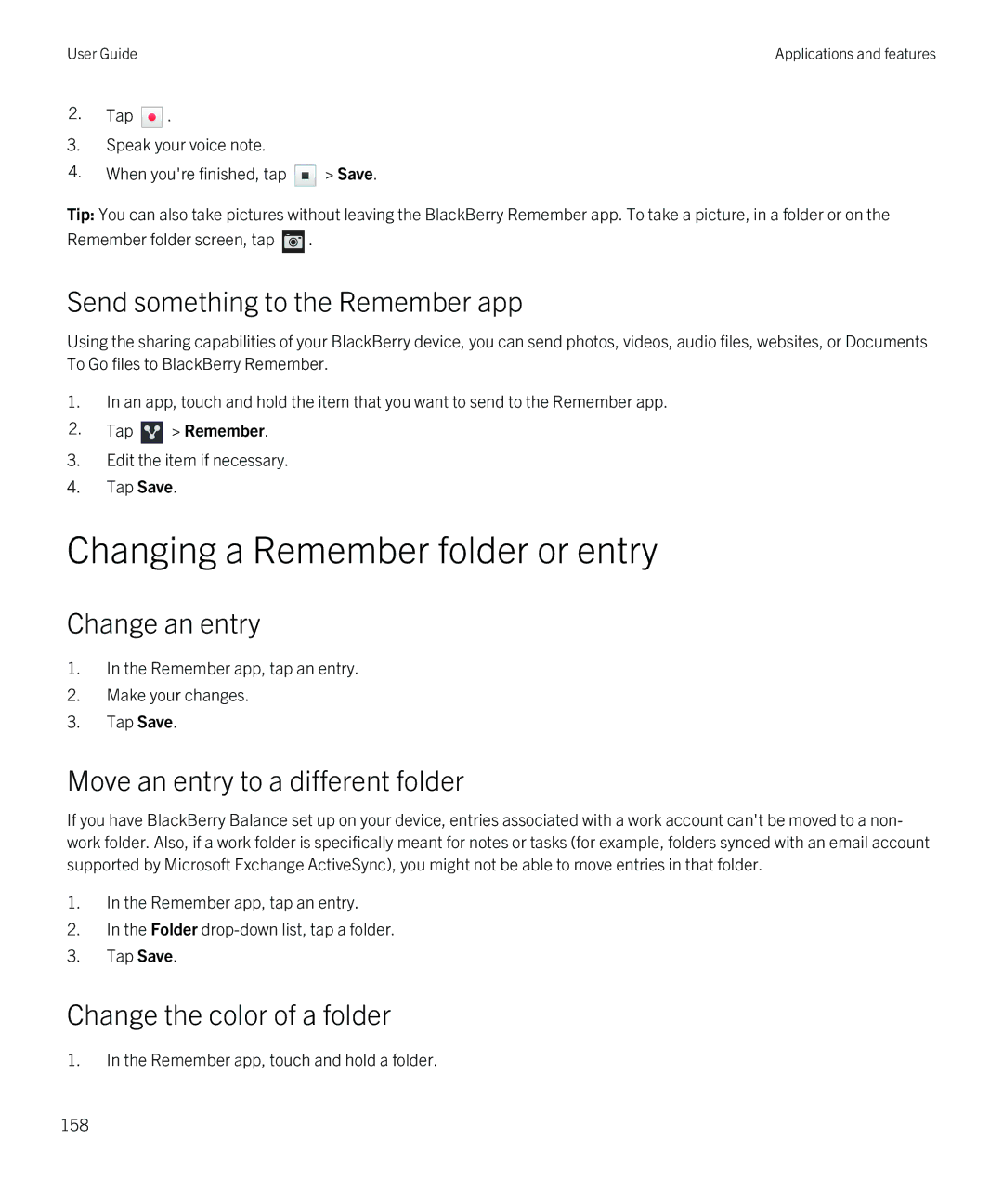 Blackberry Q5 manual Changing a Remember folder or entry, Send something to the Remember app, Change an entry 