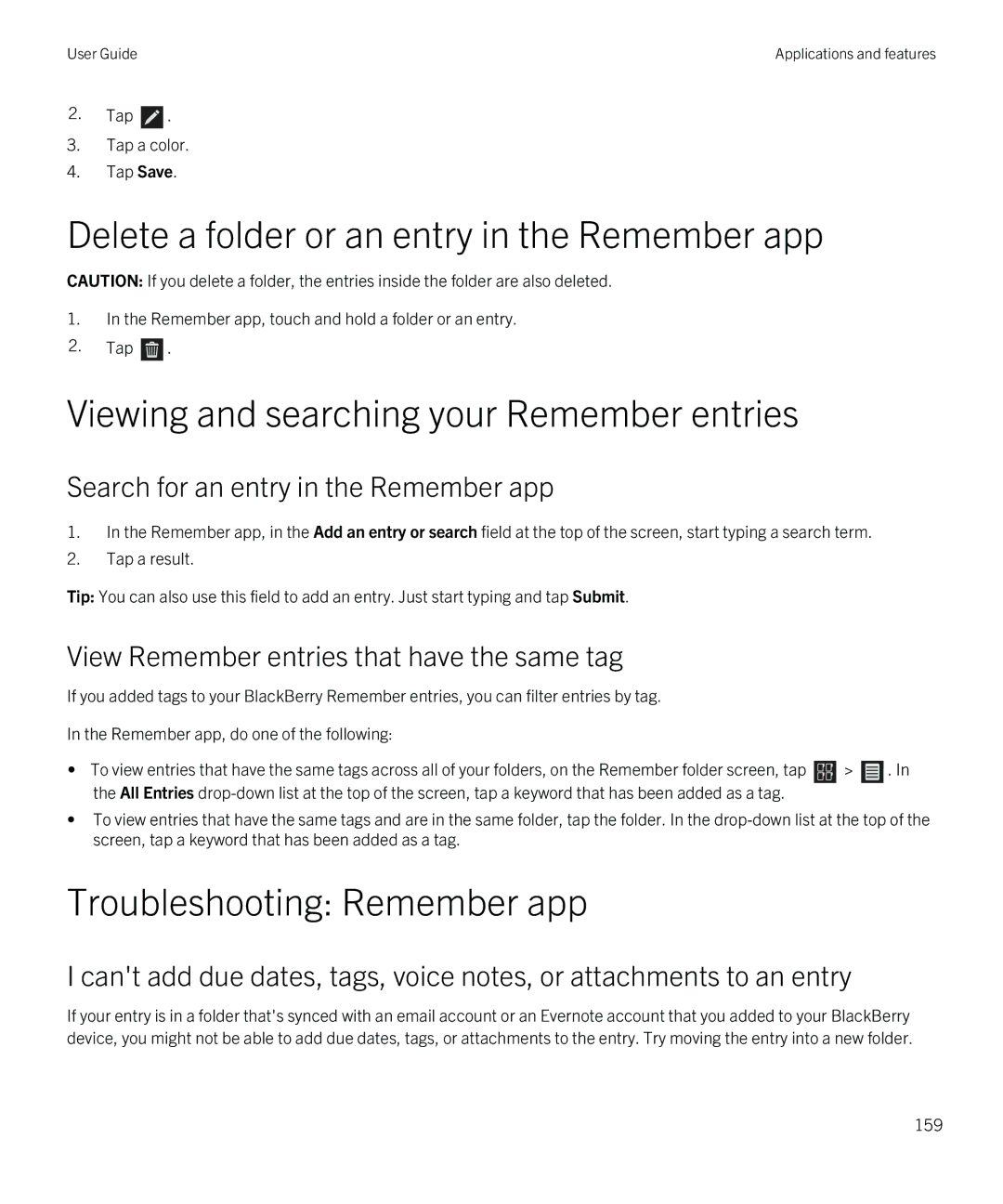 Blackberry Q5 manual Delete a folder or an entry in the Remember app, Viewing and searching your Remember entries 