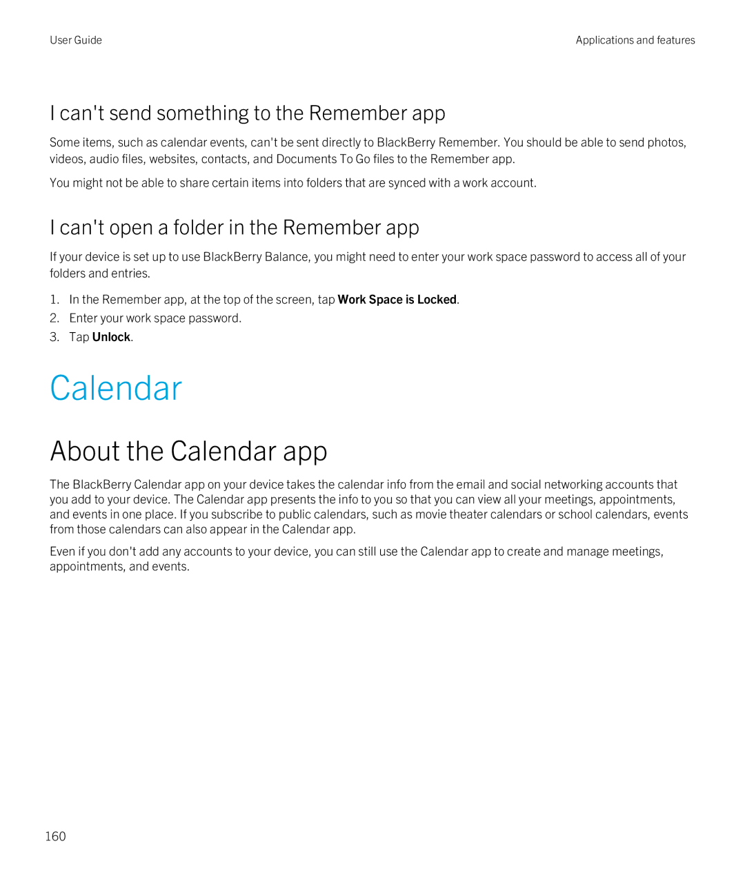 Blackberry Q5 About the Calendar app, Cant send something to the Remember app, Cant open a folder in the Remember app 