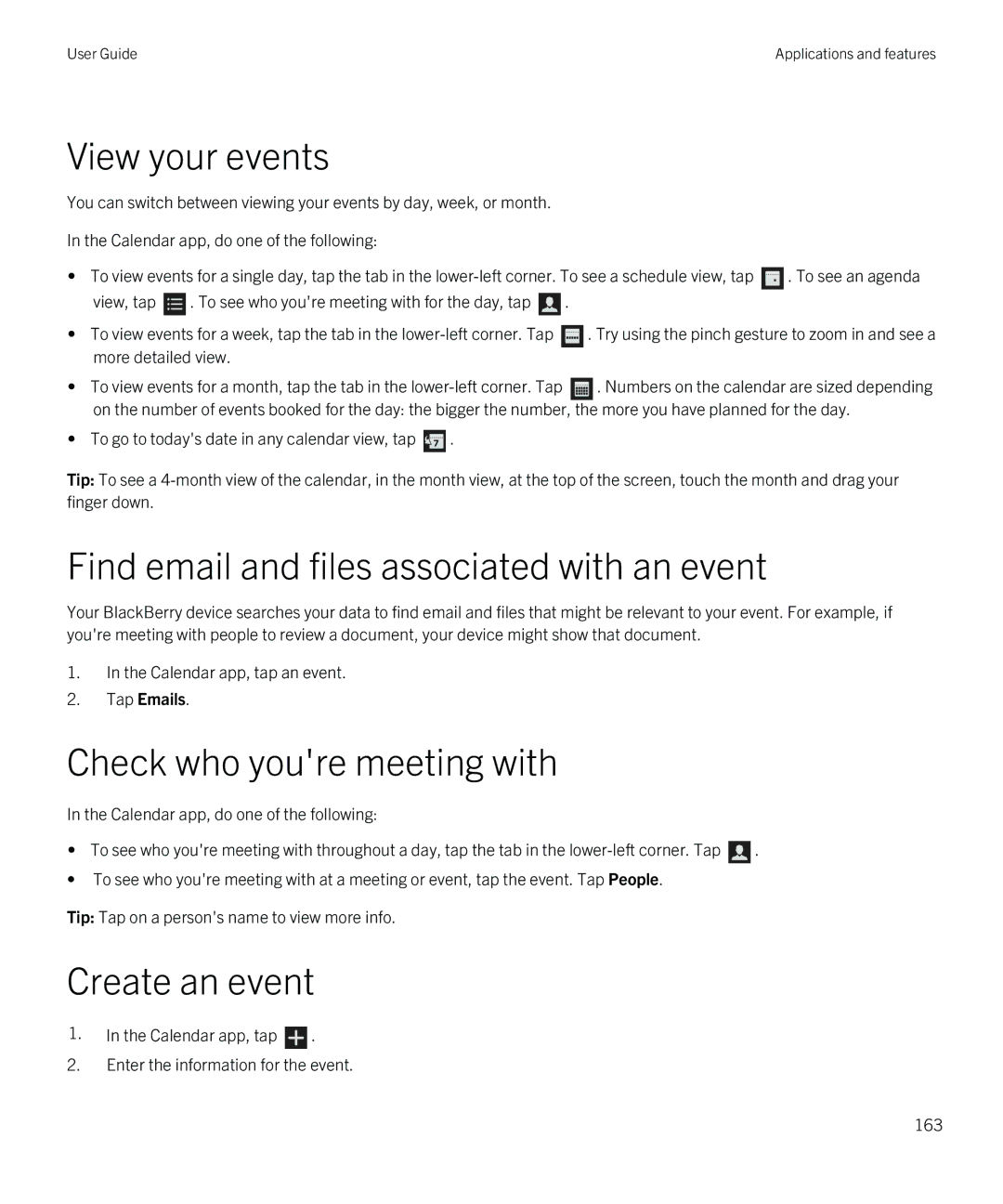 Blackberry Q5 View your events, Find email and files associated with an event, Check who youre meeting with, Tap Emails 