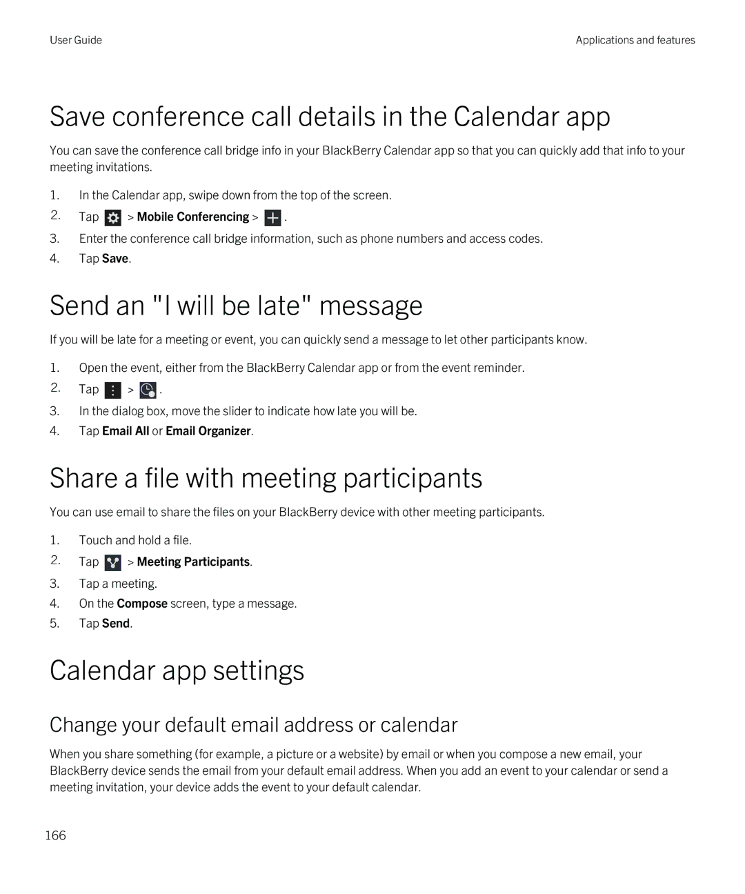 Blackberry Q5 Save conference call details in the Calendar app, Send an I will be late message, Calendar app settings 