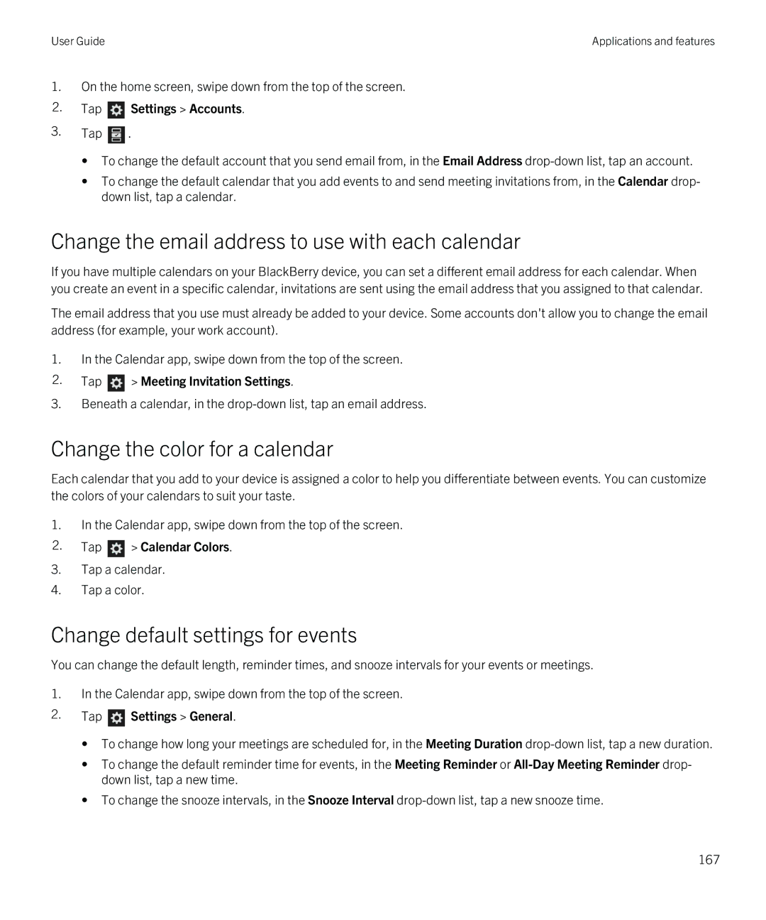 Blackberry Q5 manual Change the email address to use with each calendar, Change the color for a calendar 