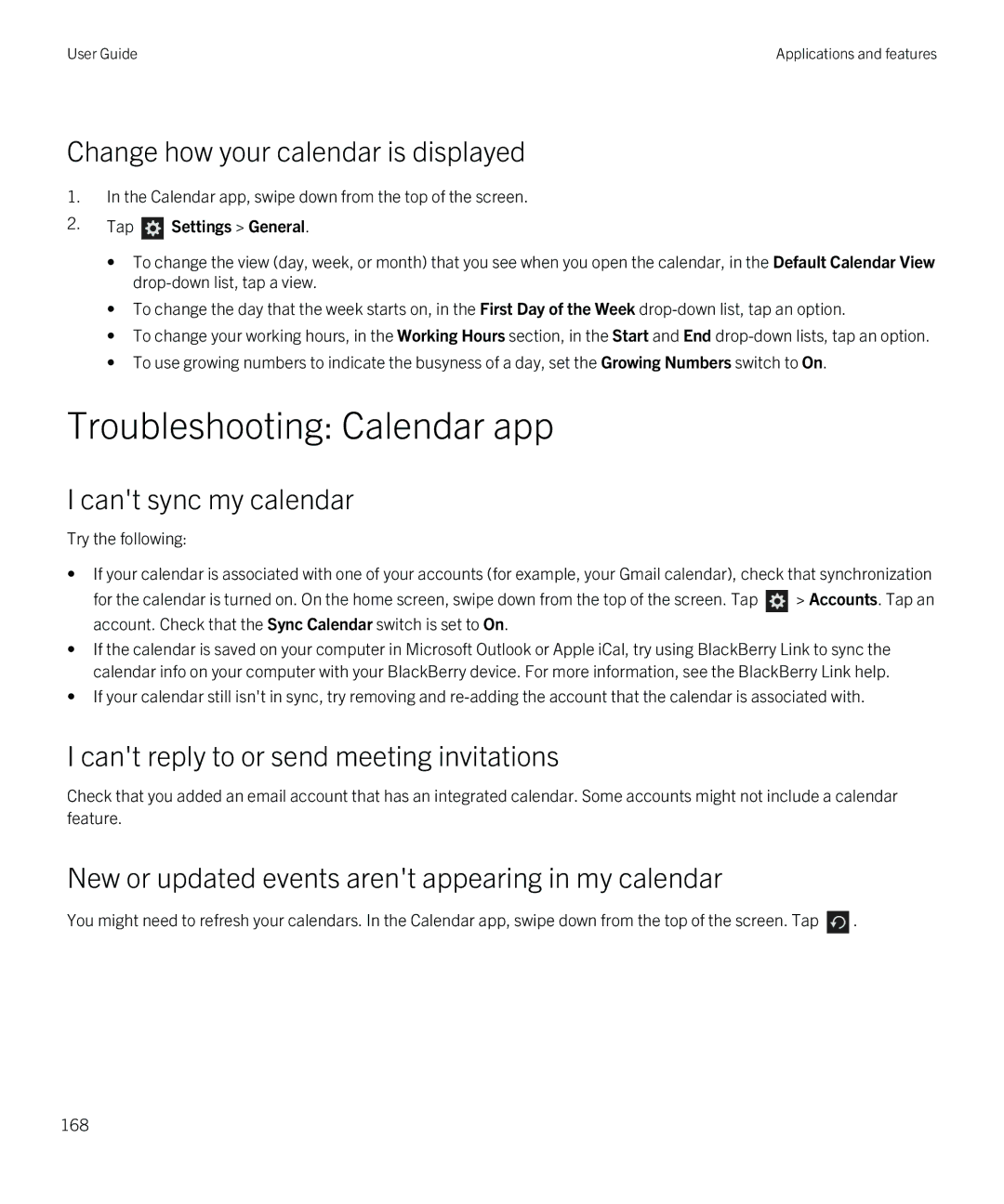 Blackberry Q5 manual Troubleshooting Calendar app, Change how your calendar is displayed, Cant sync my calendar 