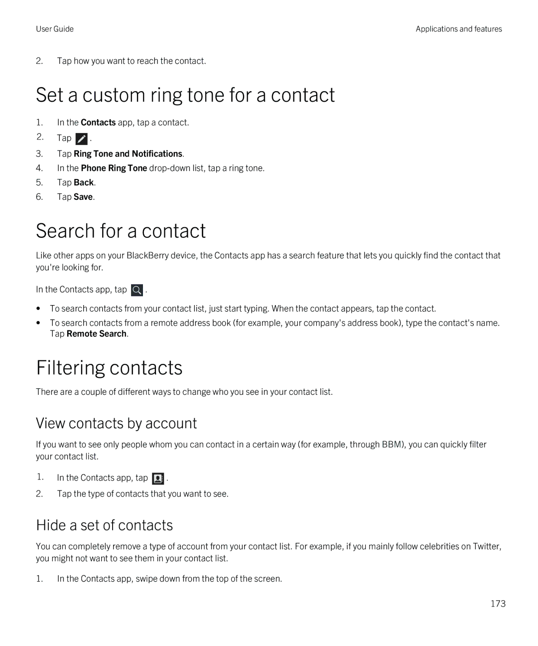 Blackberry Q5 manual Search for a contact, Filtering contacts, View contacts by account, Hide a set of contacts 