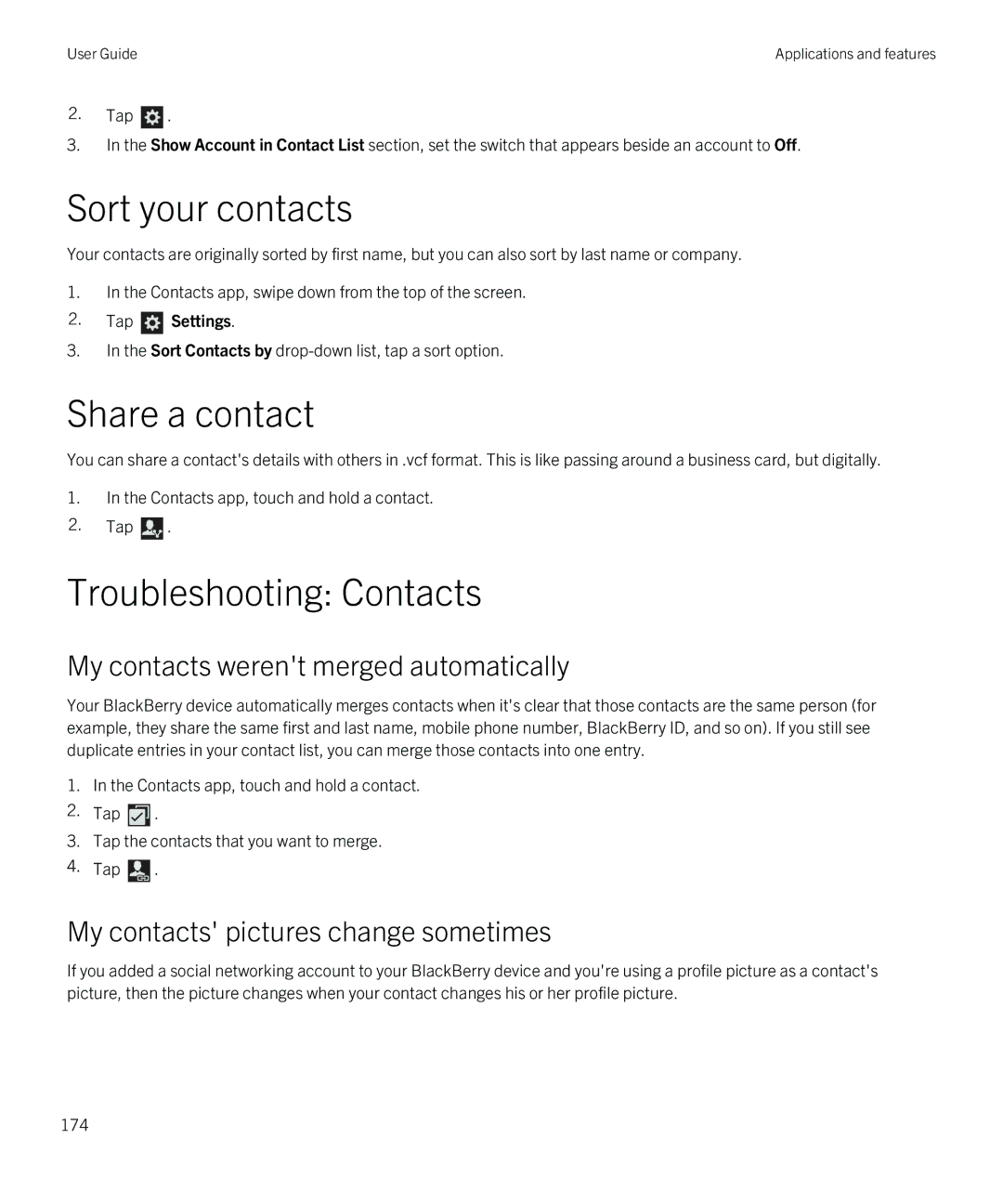 Blackberry Q5 manual Sort your contacts, Share a contact, Troubleshooting Contacts, My contacts werent merged automatically 