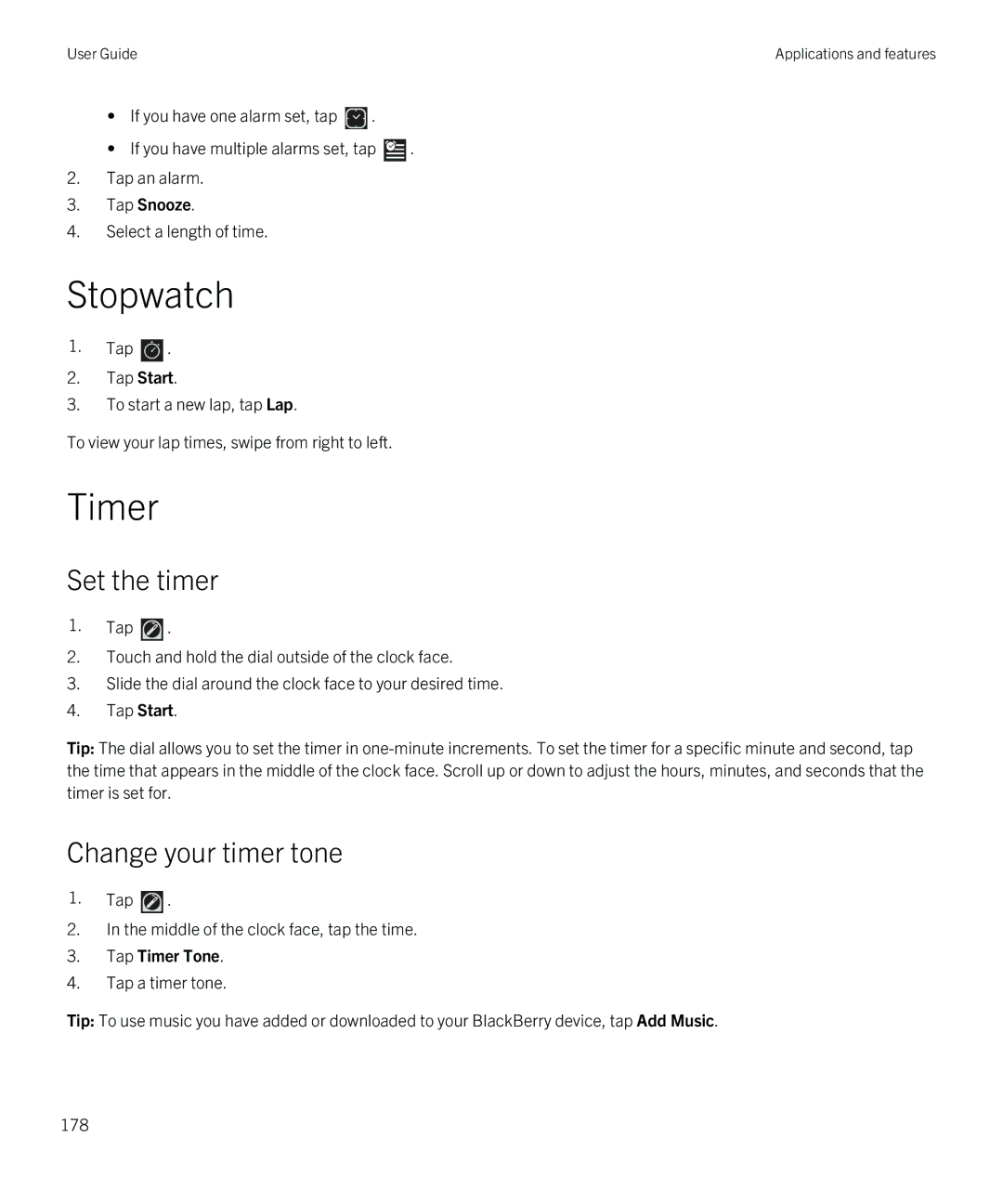 Blackberry Q5 manual Stopwatch, Timer, Set the timer, Change your timer tone 