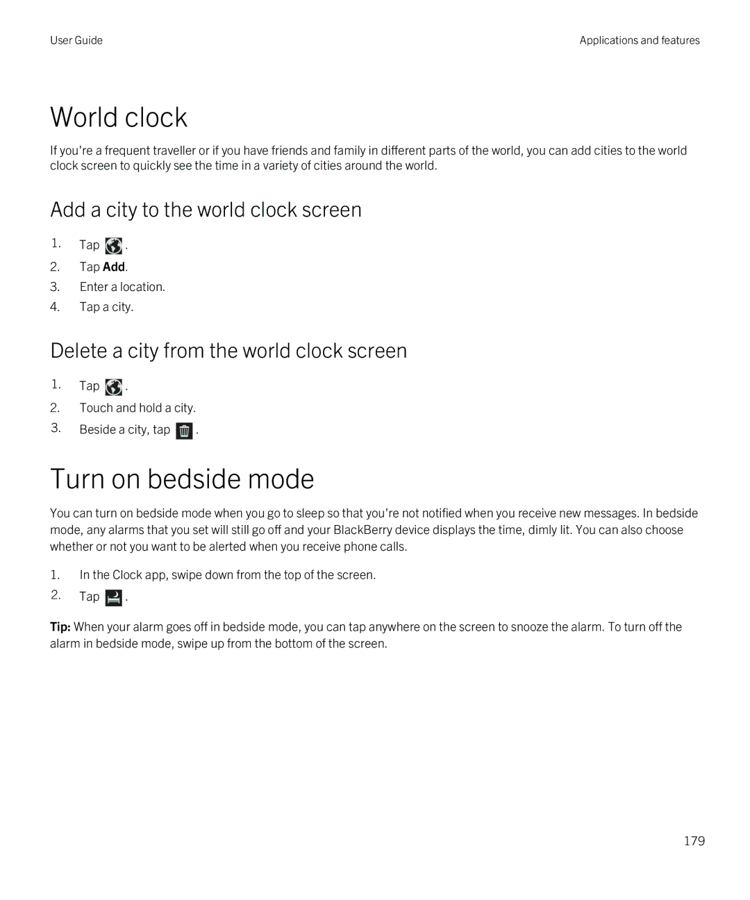 Blackberry Q5 manual World clock, Turn on bedside mode, Add a city to the world clock screen 