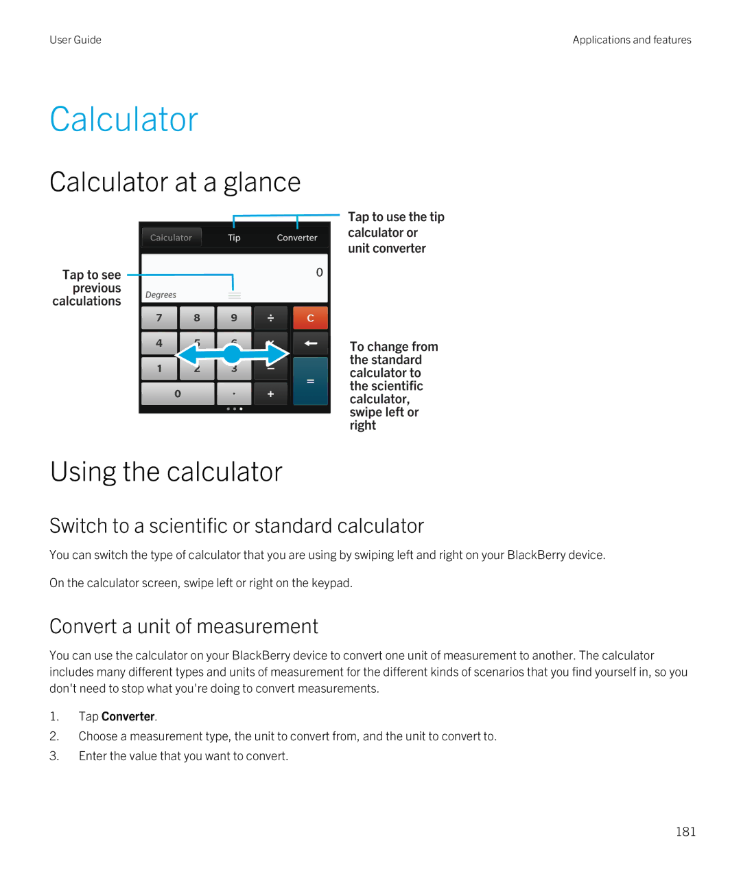 Blackberry Q5 manual Calculator at a glance Using the calculator, Switch to a scientific or standard calculator 