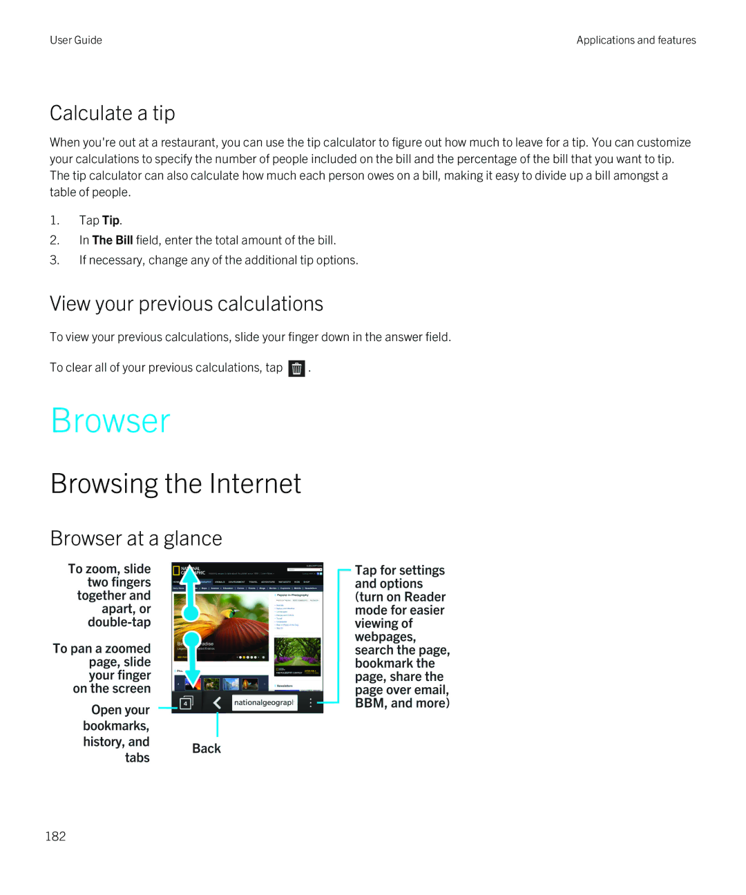 Blackberry Q5 manual Browsing the Internet, Calculate a tip, View your previous calculations, Browser at a glance 