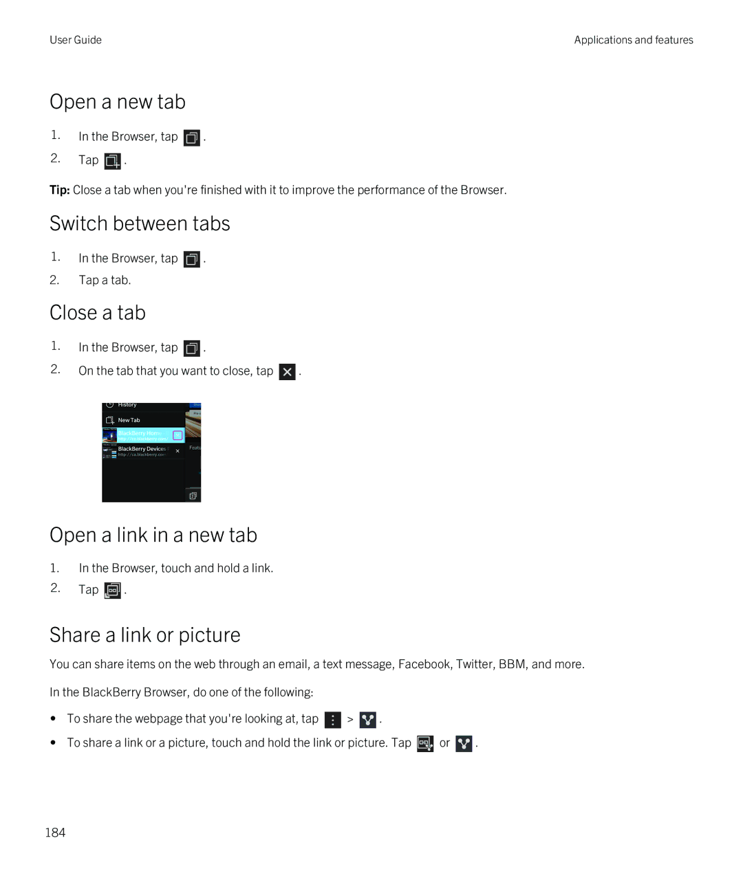 Blackberry Q5 manual Open a new tab, Switch between tabs, Close a tab, Open a link in a new tab, Share a link or picture 