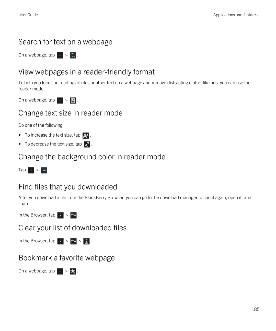 Blackberry Q5 Search for text on a webpage, View webpages in a reader-friendly format, Change text size in reader mode 