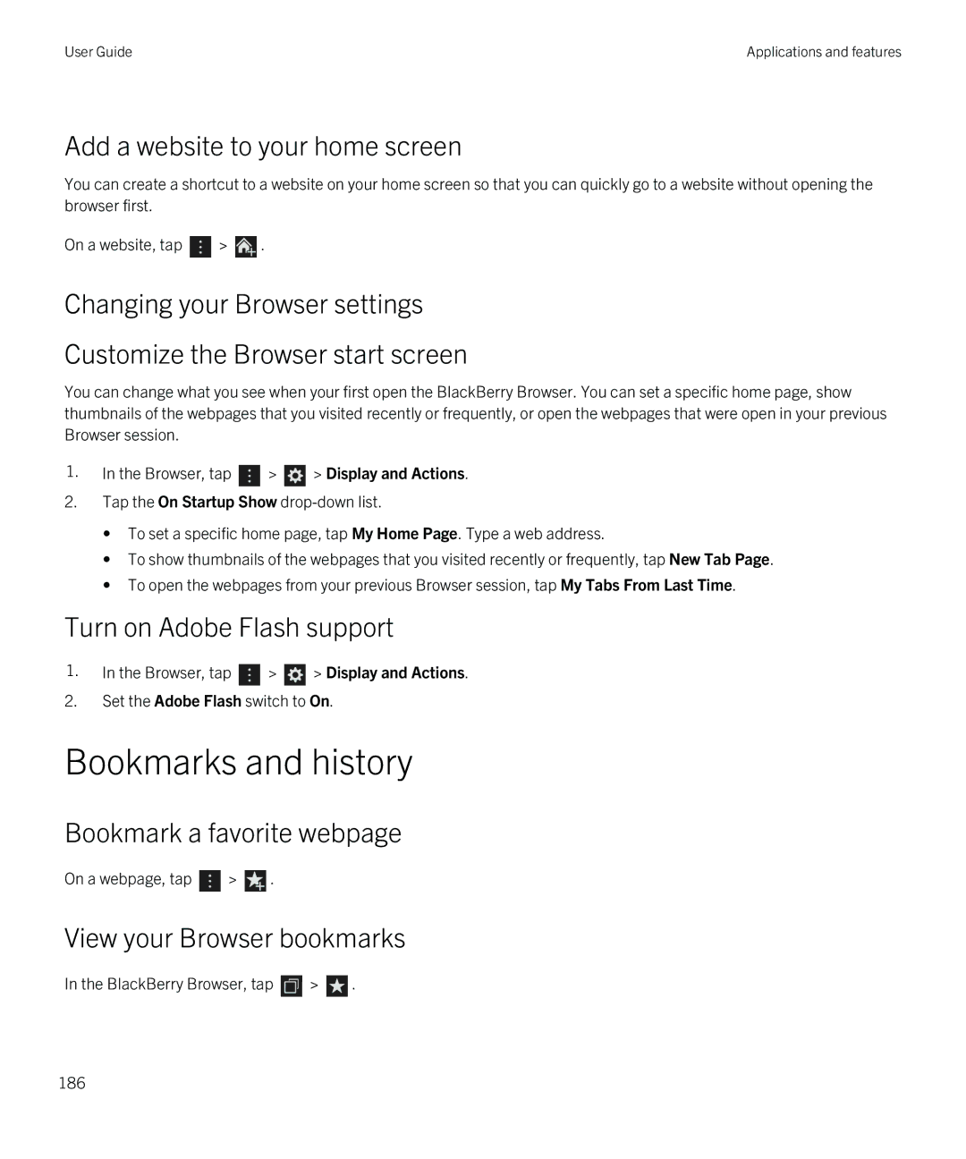 Blackberry Q5 manual Bookmarks and history, Add a website to your home screen, Turn on Adobe Flash support 