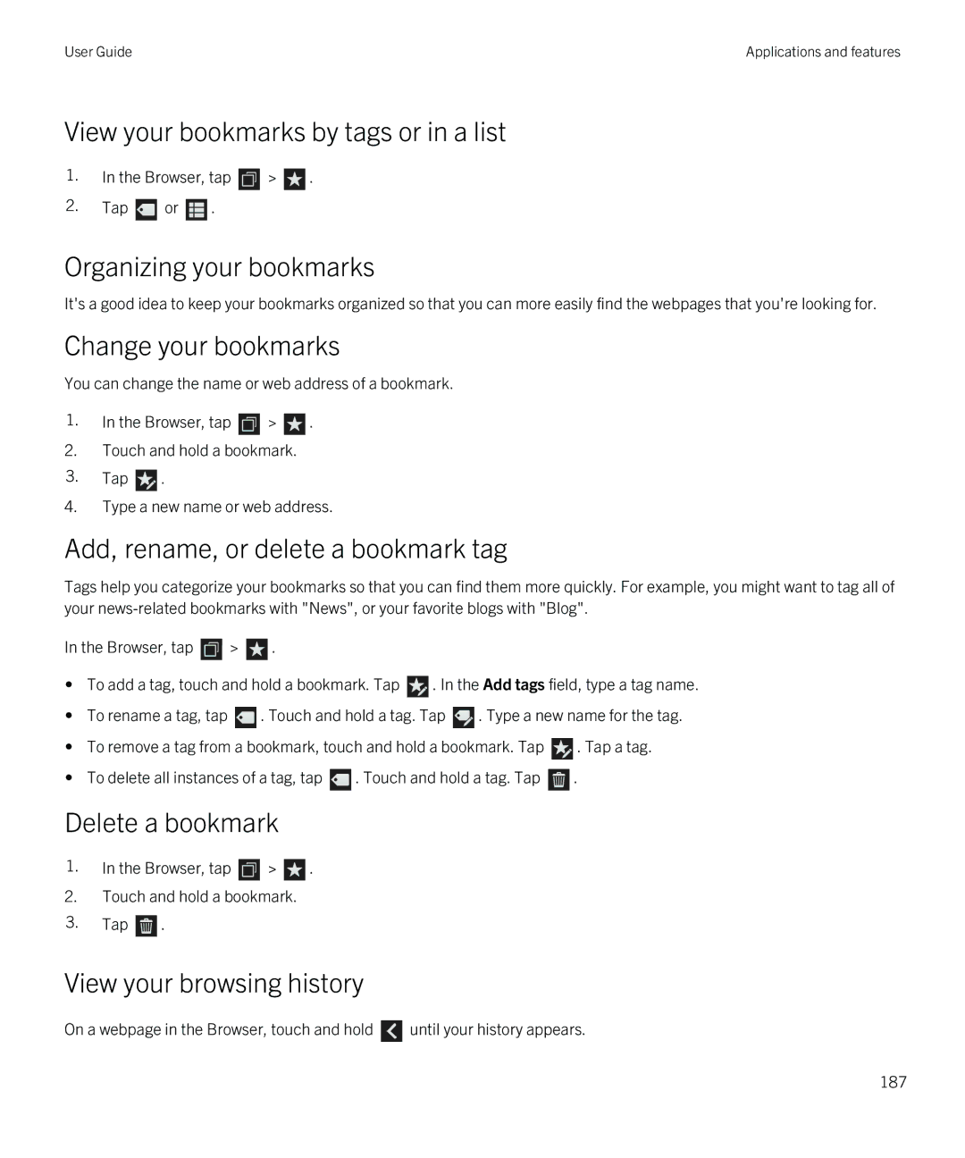 Blackberry Q5 manual View your bookmarks by tags or in a list, Organizing your bookmarks, Change your bookmarks 