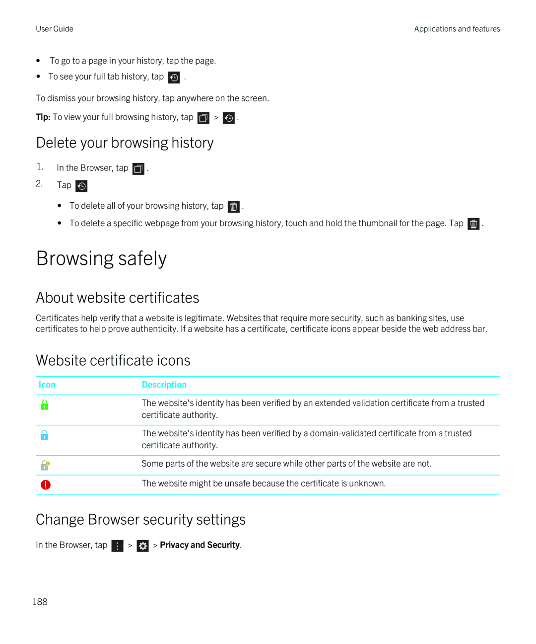 Blackberry Q5 manual Browsing safely, Delete your browsing history, About website certificates, Website certificate icons 