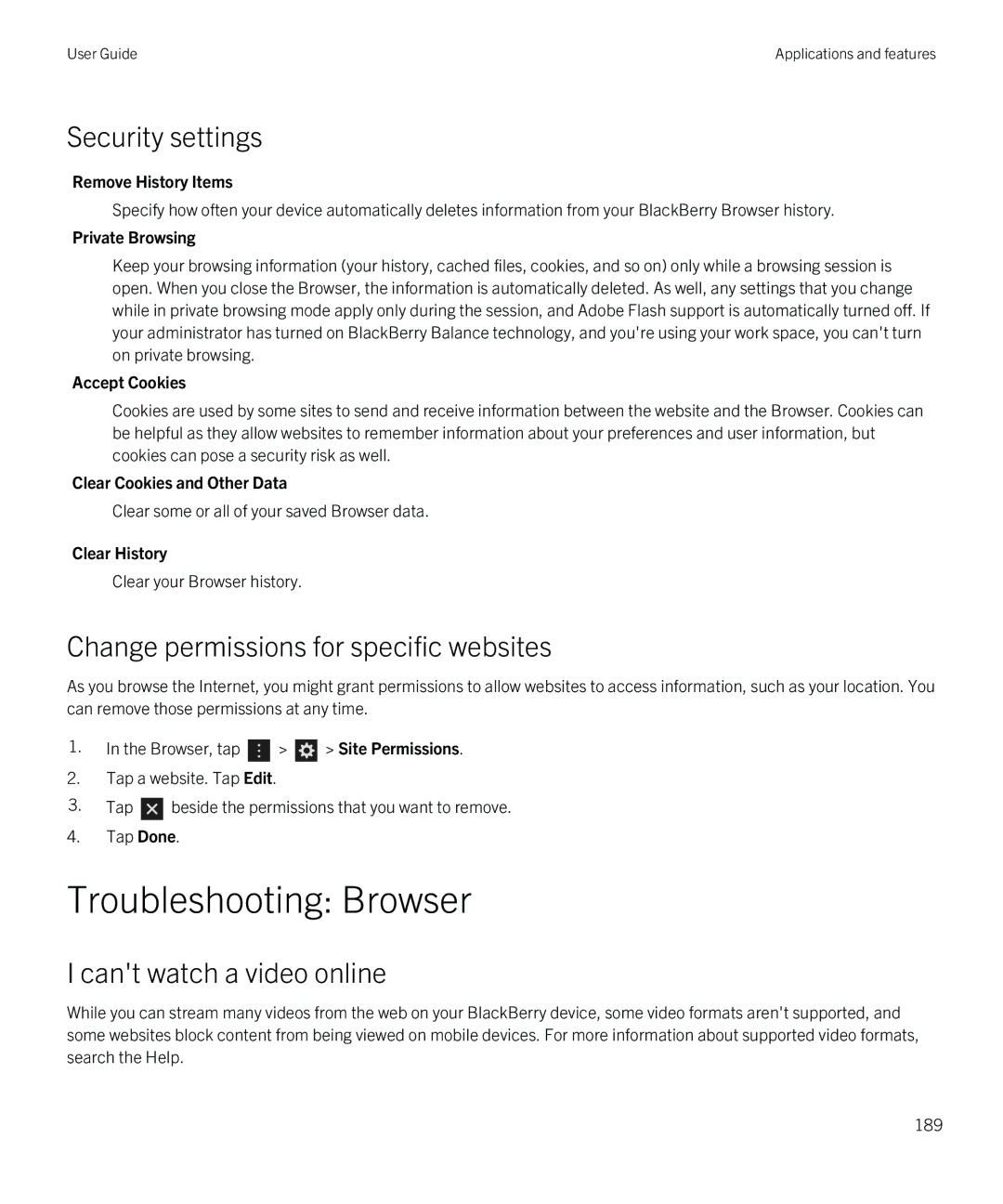 Blackberry Q5 manual Troubleshooting Browser, Security settings, Change permissions for specific websites 