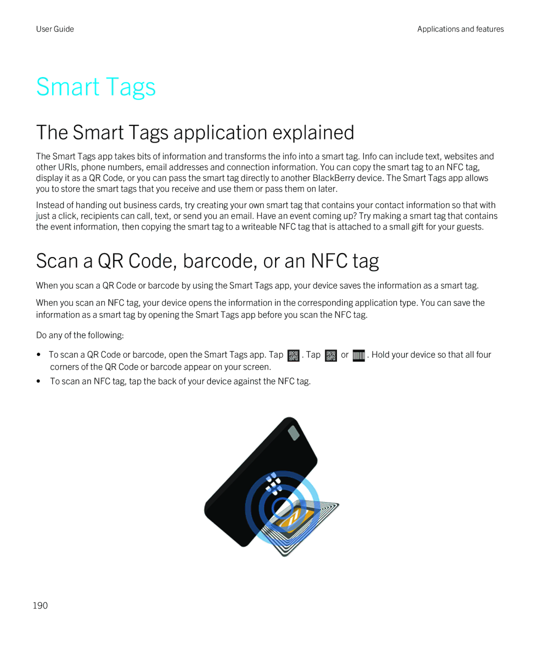 Blackberry Q5 manual Smart Tags application explained, Scan a QR Code, barcode, or an NFC tag 