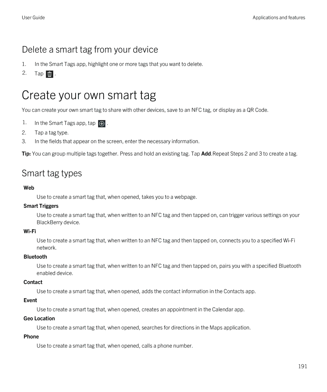 Blackberry Q5 manual Create your own smart tag, Delete a smart tag from your device, Smart tag types 