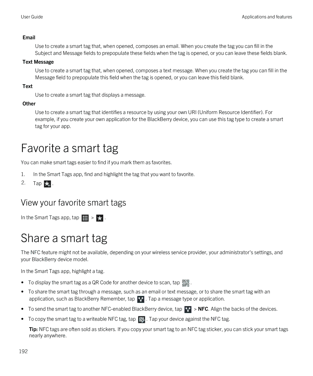 Blackberry Q5 manual Favorite a smart tag, Share a smart tag, View your favorite smart tags 