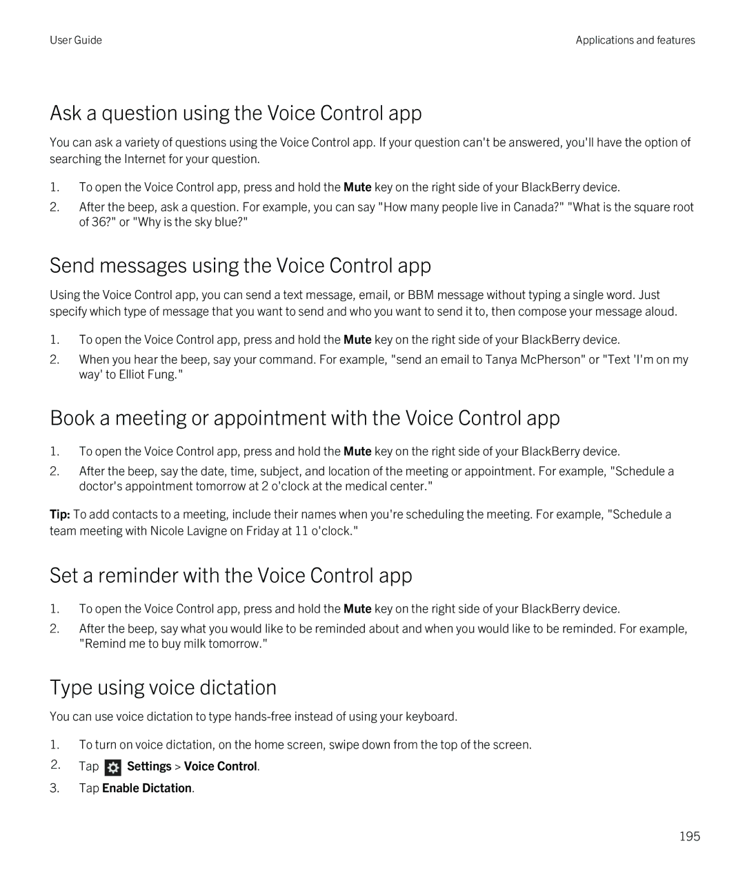 Blackberry Q5 manual Ask a question using the Voice Control app, Send messages using the Voice Control app 