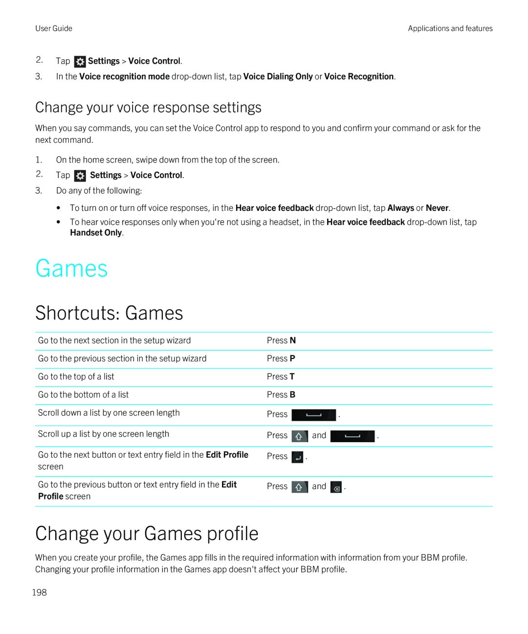 Blackberry Q5 manual Shortcuts Games, Change your Games profile, Change your voice response settings, Profile screen 