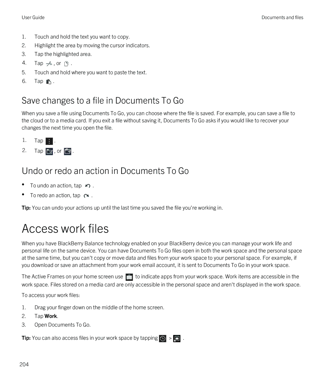 Blackberry Q5 Access work files, Save changes to a file in Documents To Go, Undo or redo an action in Documents To Go 