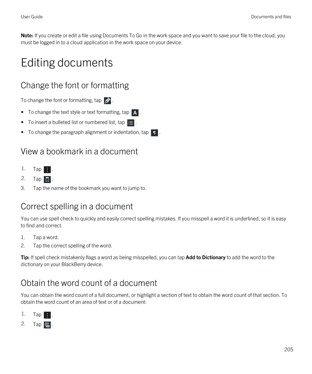 Blackberry Q5 manual Editing documents, Change the font or formatting, View a bookmark in a document 