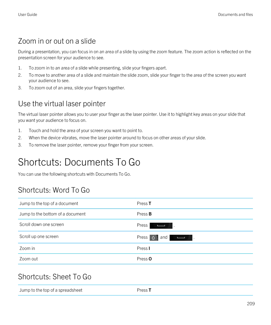 Blackberry Q5 Shortcuts Documents To Go, Zoom in or out on a slide, Use the virtual laser pointer, Shortcuts Word To Go 