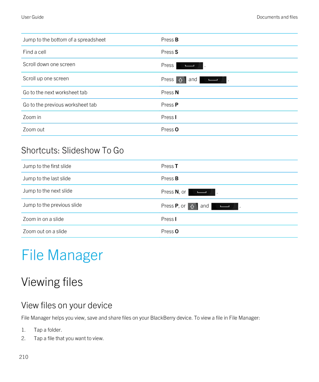 Blackberry Q5 manual File Manager, Viewing files, Shortcuts Slideshow To Go, View files on your device 