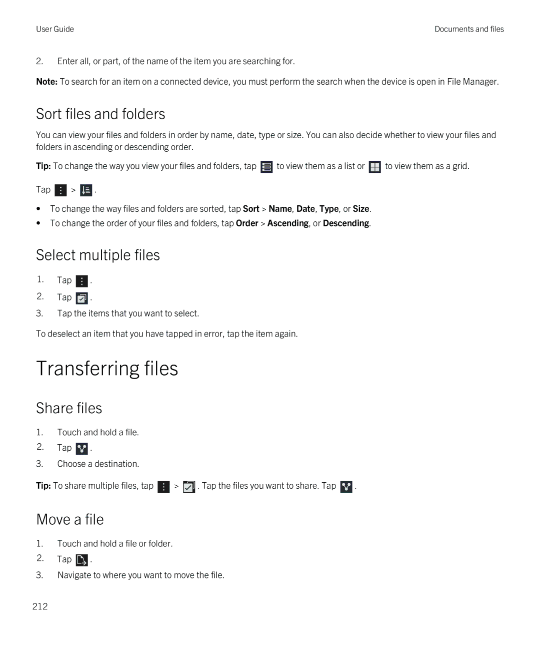 Blackberry Q5 manual Transferring files, Sort files and folders, Select multiple files, Share files, Move a file 