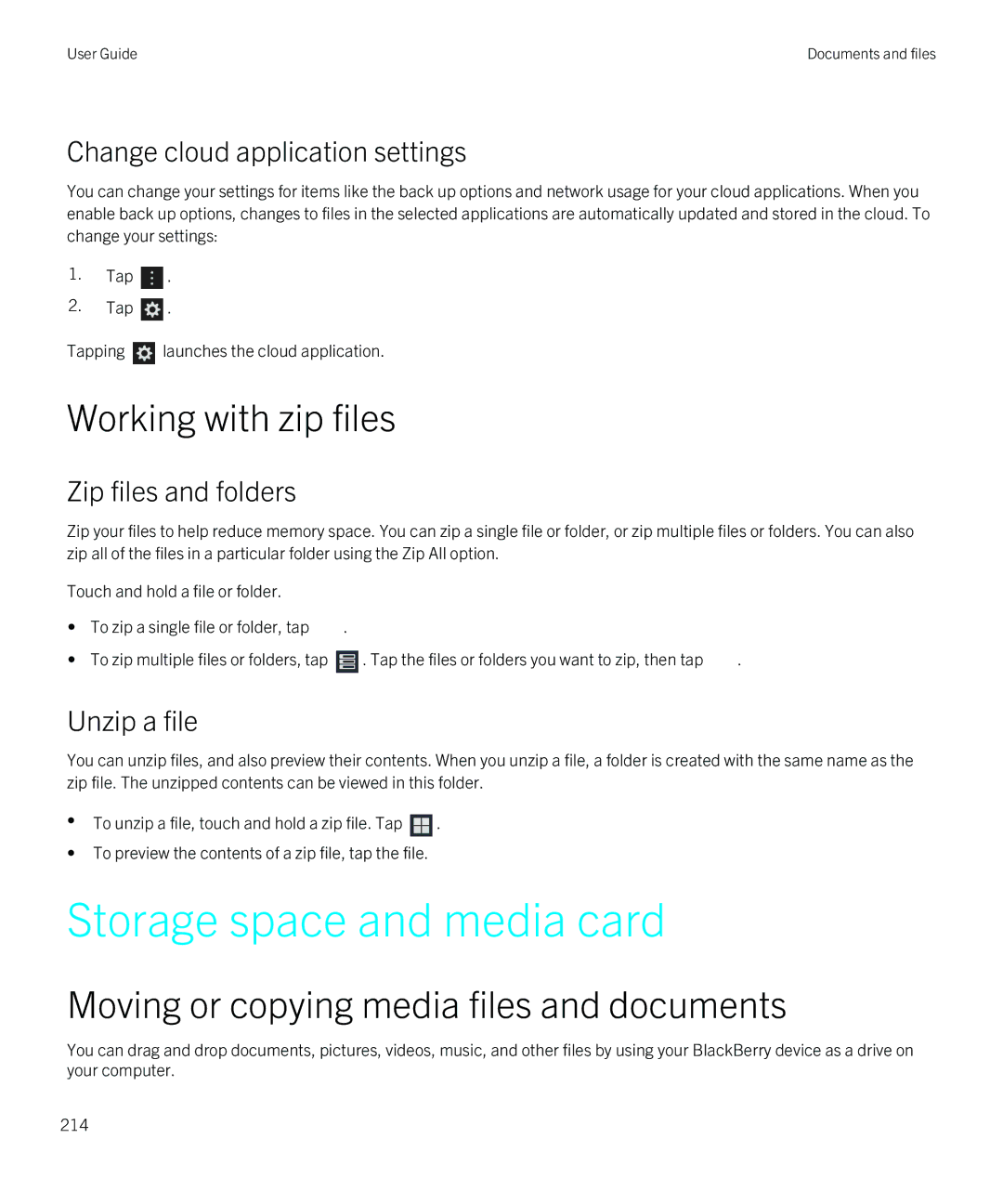 Blackberry Q5 manual Storage space and media card, Working with zip files, Moving or copying media files and documents 