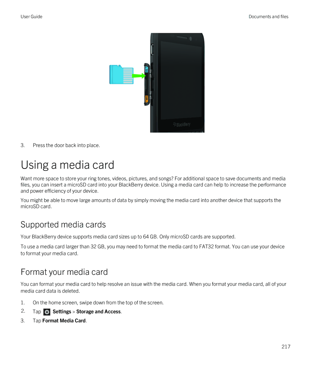 Blackberry Q5 manual Using a media card, Supported media cards, Format your media card 