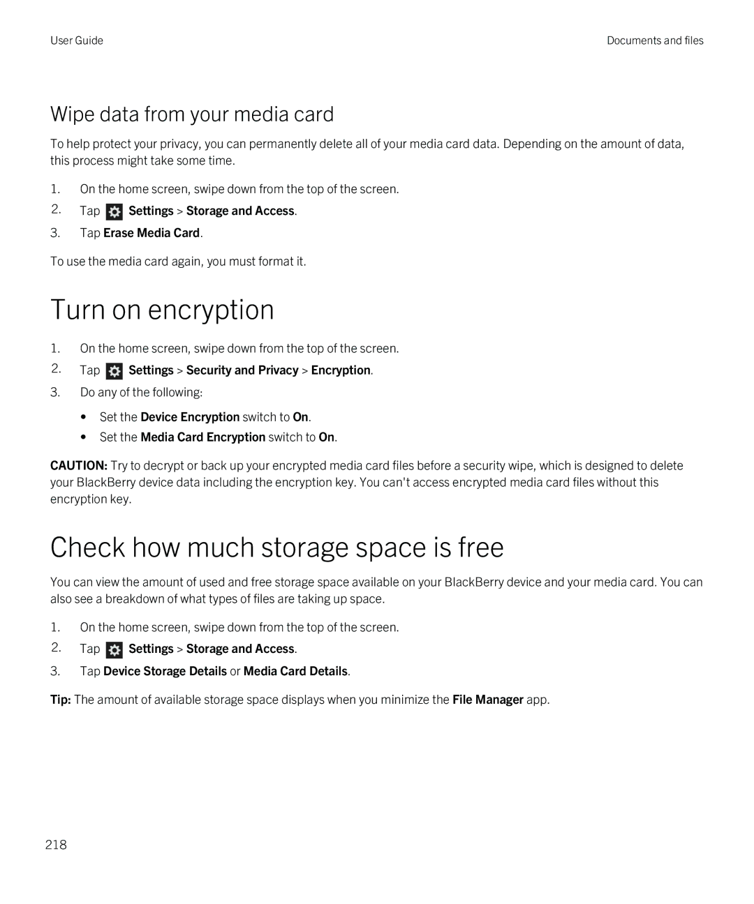 Blackberry Q5 manual Check how much storage space is free, Wipe data from your media card 