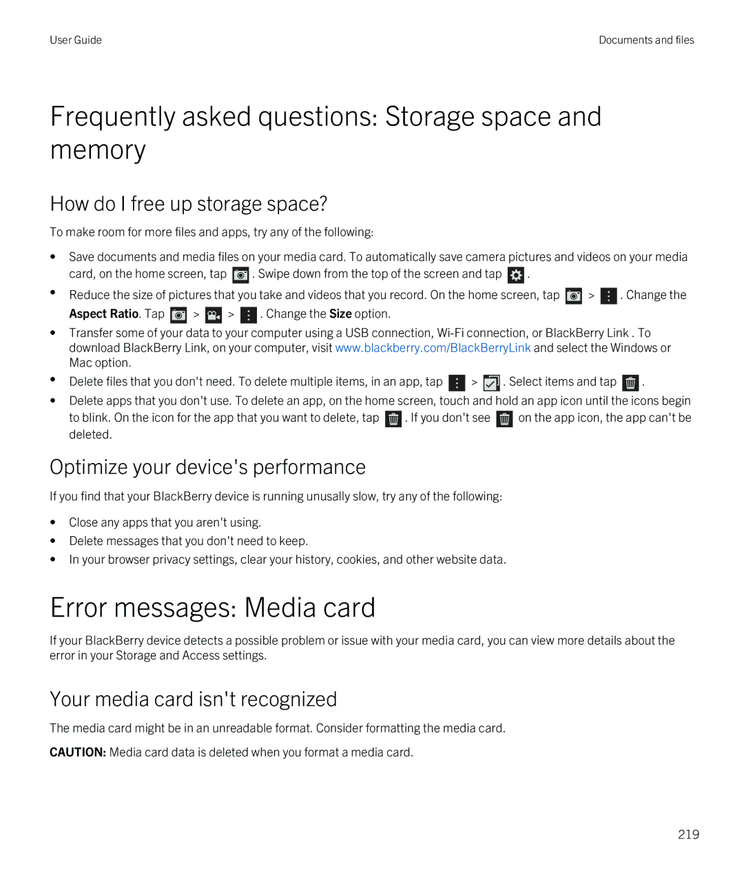 Blackberry Q5 manual Frequently asked questions Storage space and memory, Error messages Media card 